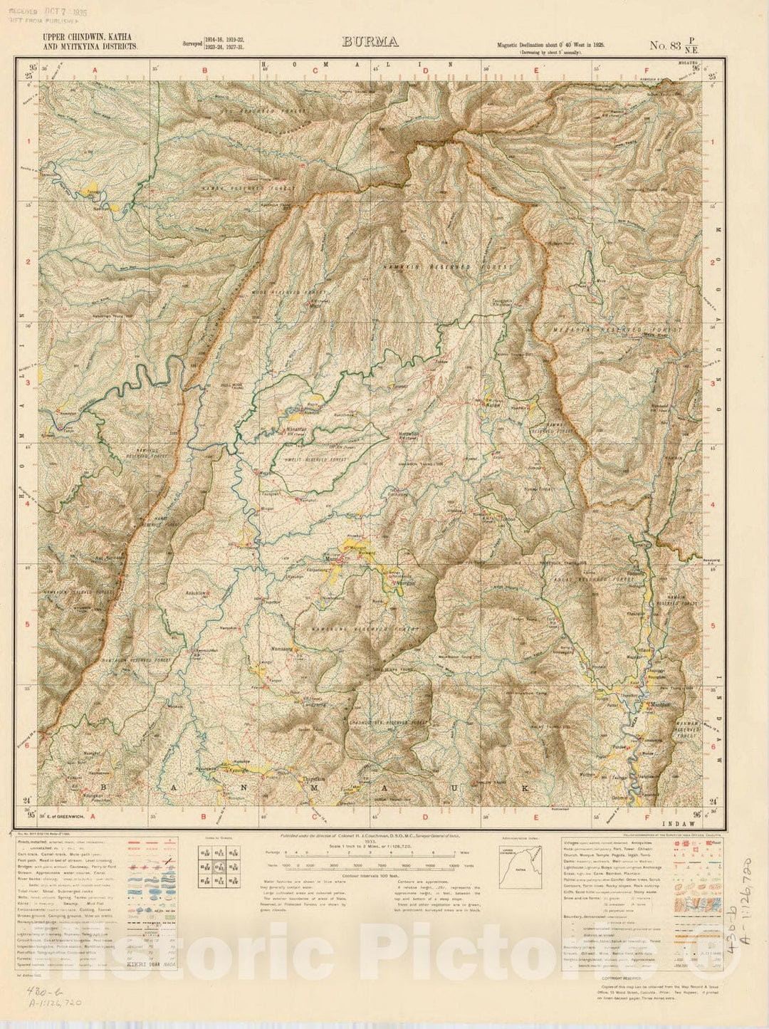 Map : Upper Chindwin, Katha and Myitkyina Districts, Burma, No. 83 P/N.E. 1933, India and adjacent countries, Antique Vintage Reproduction