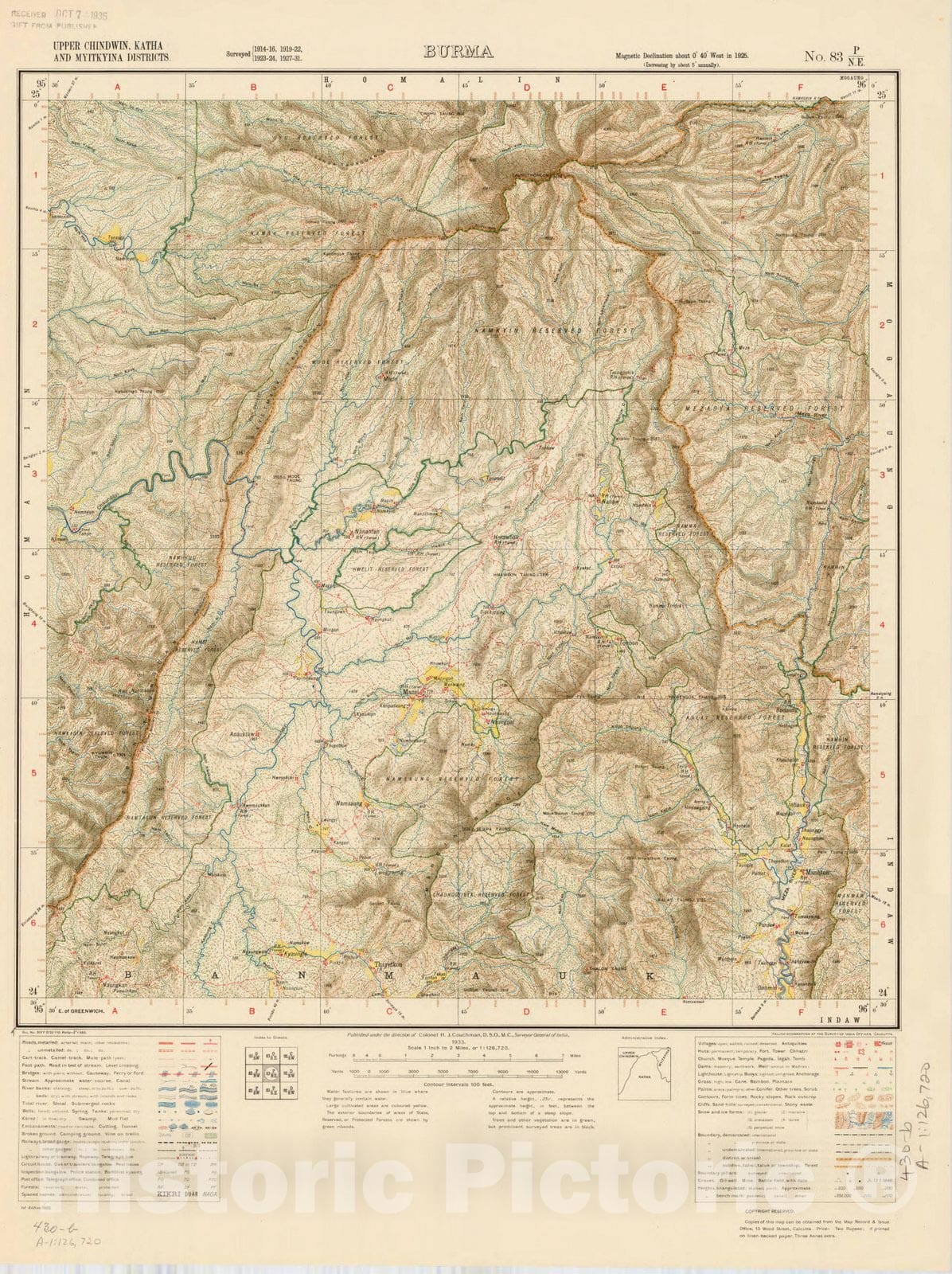Map : Upper Chindwin, Katha and Myitkyina Districts, Burma, No. 83 P/N.E. 1933, India and adjacent countries, Antique Vintage Reproduction