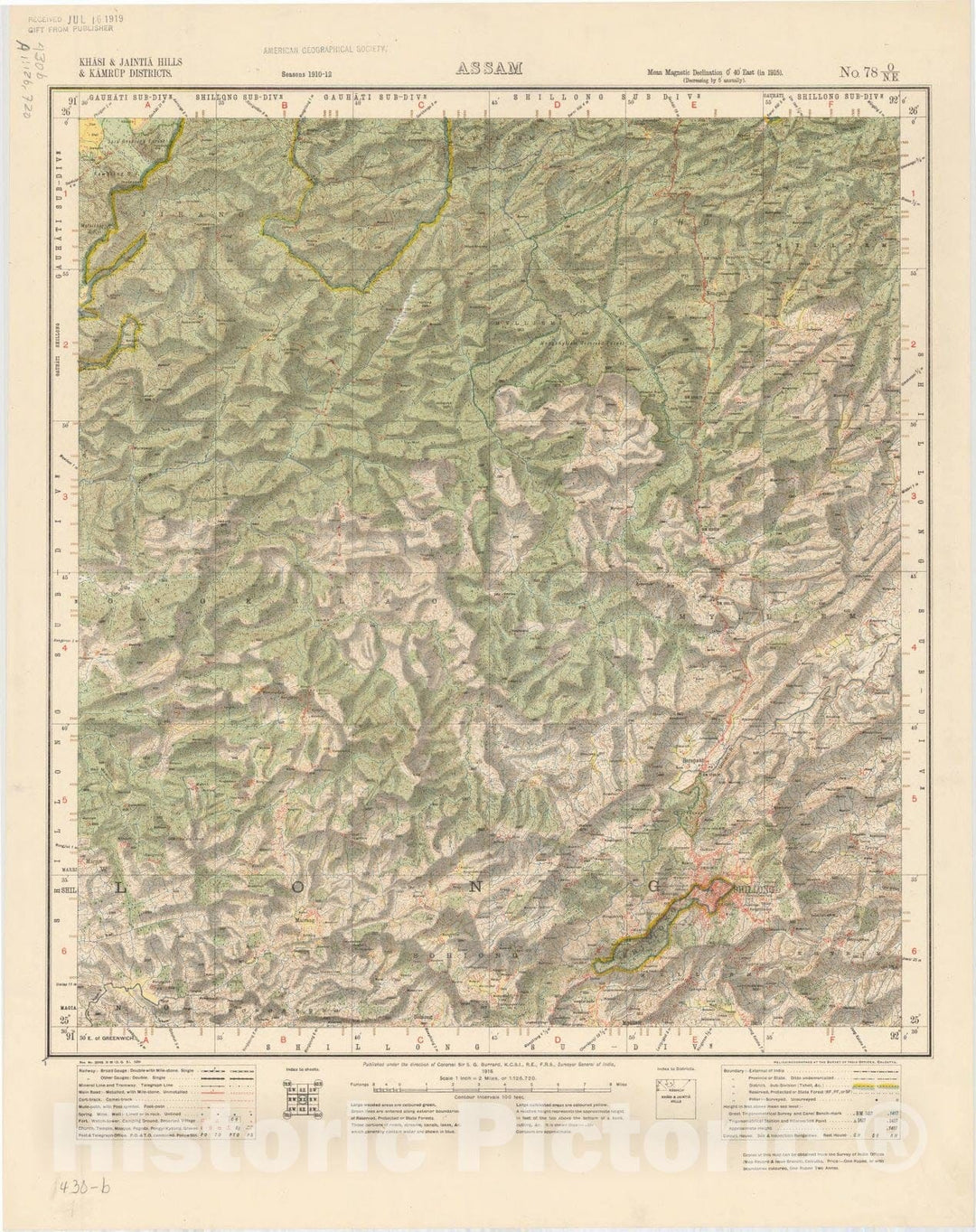 Map : Khasi & Jaintia Hills & Kamrup Districts, Assam, No. 78 O/N.E. 1916, India and adjacent countries, Antique Vintage Reproduction