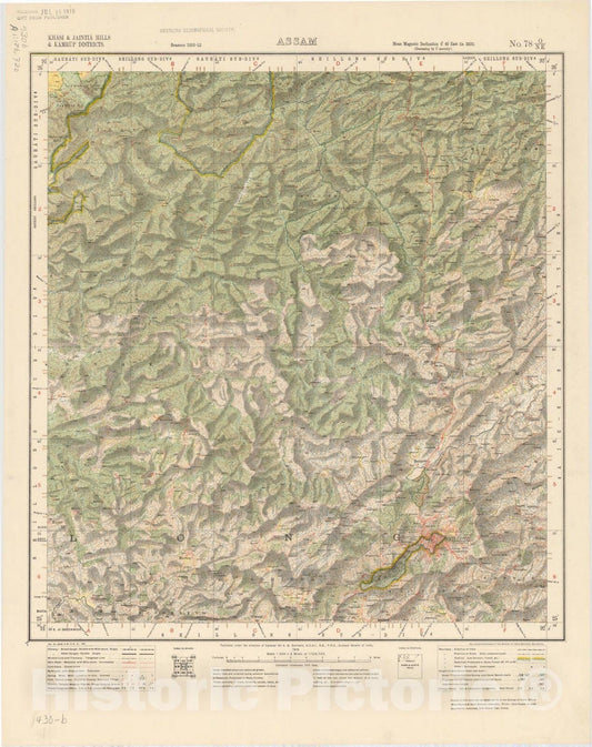 Map : Khasi & Jaintia Hills & Kamrup Districts, Assam, No. 78 O/N.E. 1916, India and adjacent countries, Antique Vintage Reproduction