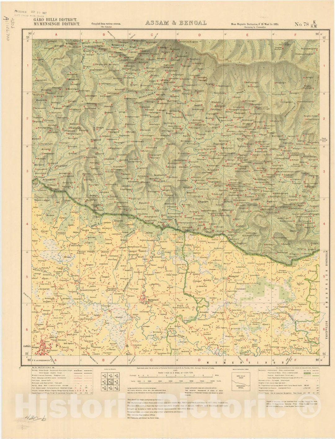 Map : Garo Hills District, Mymensingh District, Assam & Bengal, No. 78 K/S.W. 1927, India and adjacent countries, Antique Vintage Reproduction