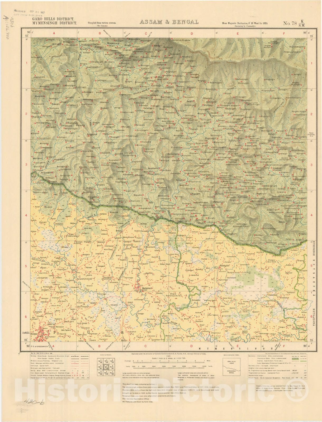 Map : Garo Hills District, Mymensingh District, Assam & Bengal, No. 78 K/S.W. 1927, India and adjacent countries, Antique Vintage Reproduction