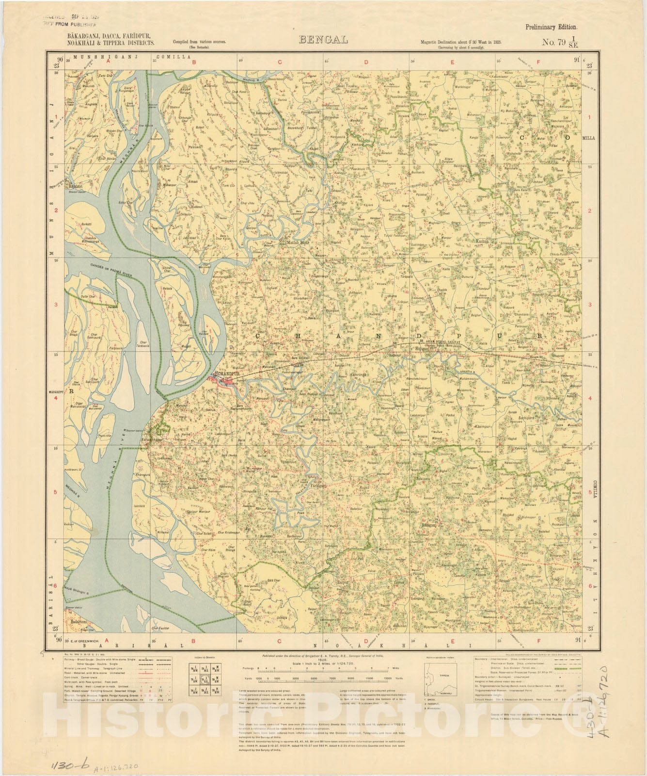 Map : Bakarganj, Dacca, Faridpur, Noakhali & Tippera Districts, Bengal, No. 79 I/S.E. 1928, India and adjacent countries, Antique Vintage Reproduction