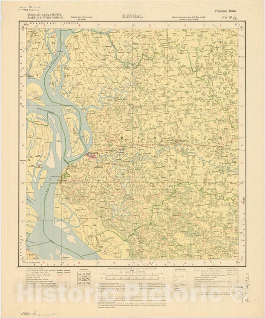Map : Bakarganj, Dacca, Faridpur, Noakhali & Tippera Districts, Bengal, No. 79 I/S.E. 1928, India and adjacent countries, Antique Vintage Reproduction