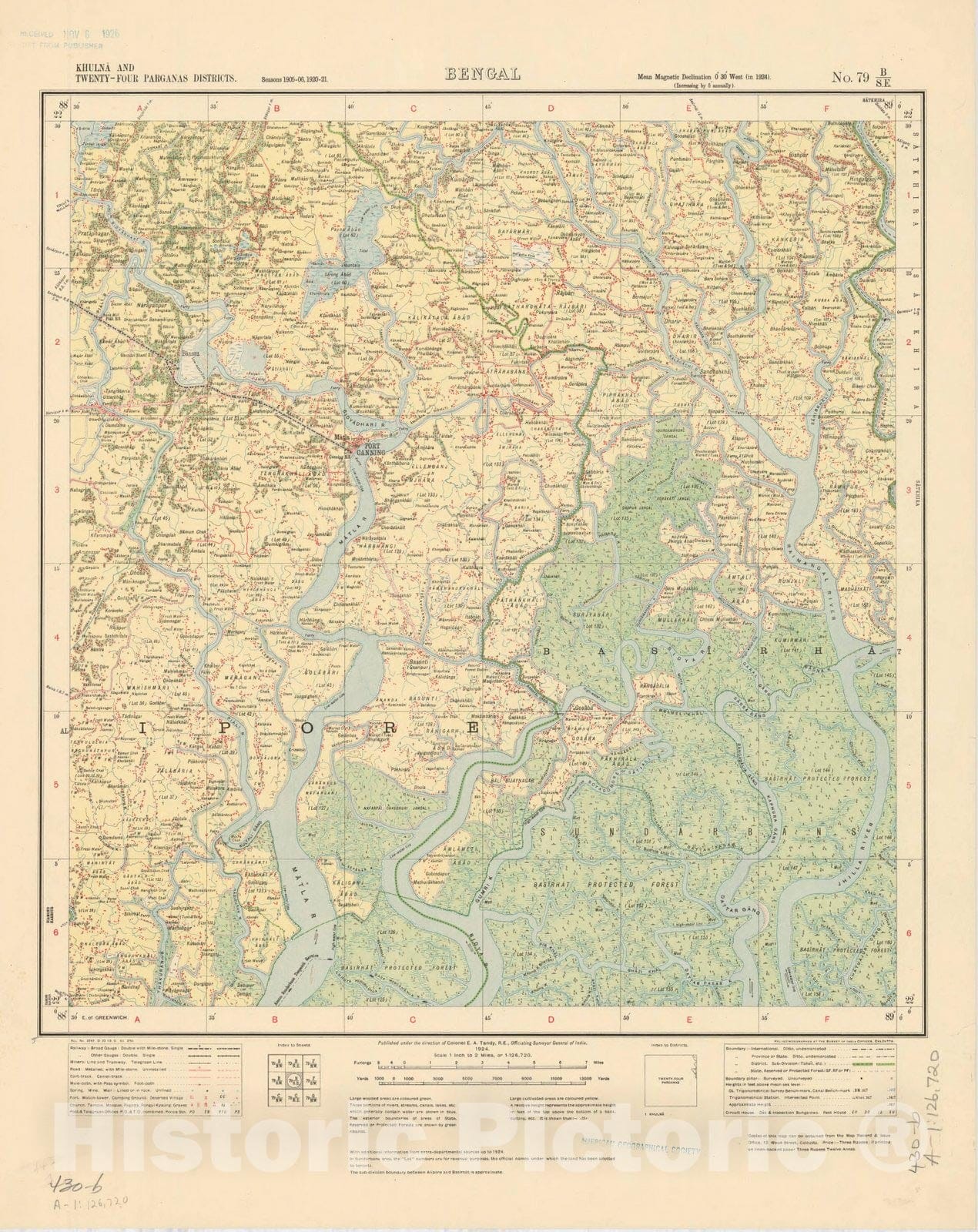 Map : Khulna and Twenty-Four Parganas Districts, Bengal, No. 79 B/S.E. 1924, India and adjacent countries, Antique Vintage Reproduction