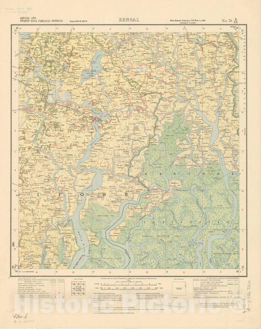 Map : Khulna and Twenty-Four Parganas Districts, Bengal, No. 79 B/S.E. 1924, India and adjacent countries, Antique Vintage Reproduction