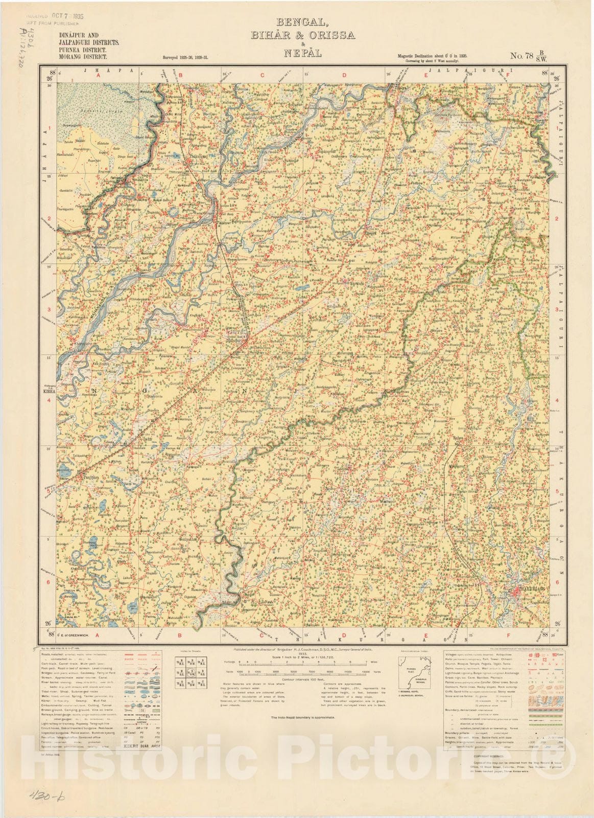 Map : Dinajpur and Jalpaiguri Districts, Purnea District, Morang District, Bengal, Bihar & Orissa & Nepal, No. 78 B/S.W. 1933, India and adjacent countries