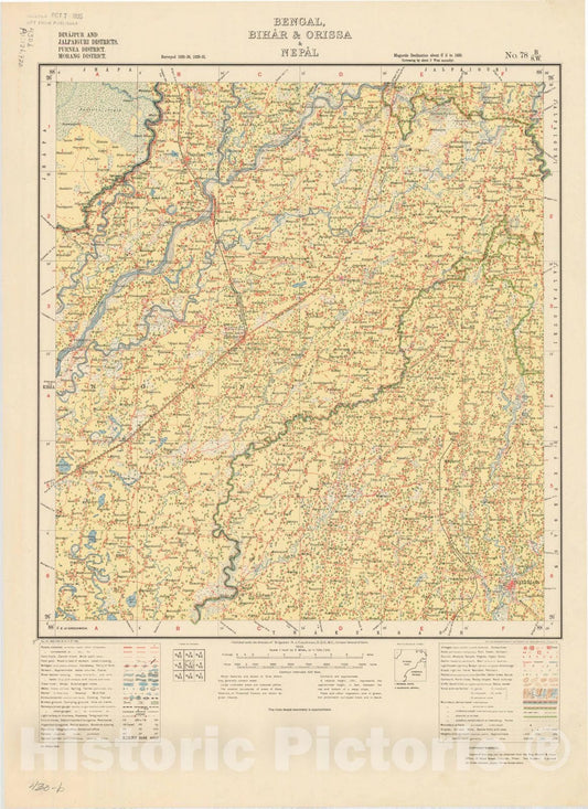 Map : Dinajpur and Jalpaiguri Districts, Purnea District, Morang District, Bengal, Bihar & Orissa & Nepal, No. 78 B/S.W. 1933, India and adjacent countries