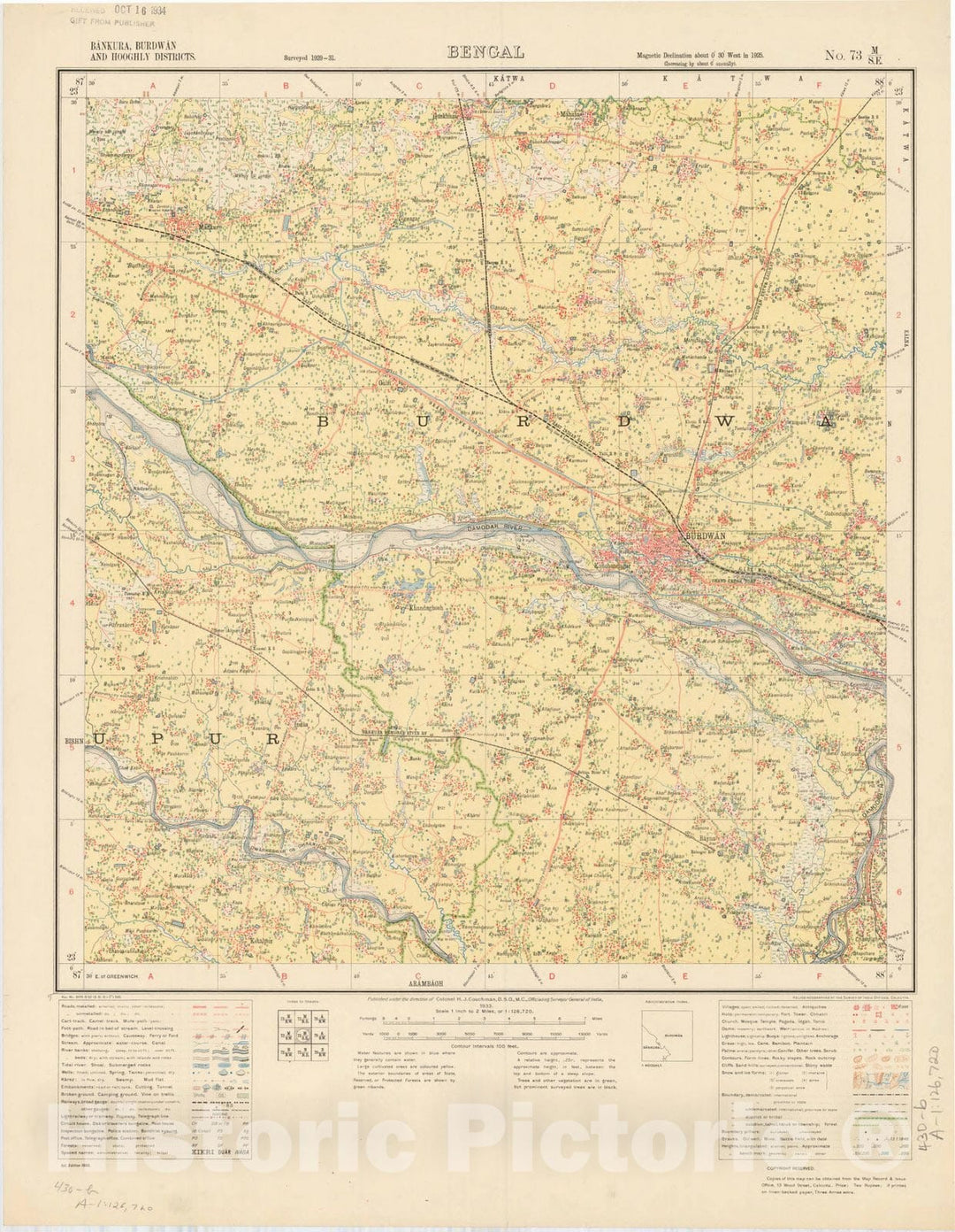Map : Bankura, Burdwan and Hooghly Districts, Bengal, No. 73 M/S.E. 1933, India and adjacent countries, Antique Vintage Reproduction