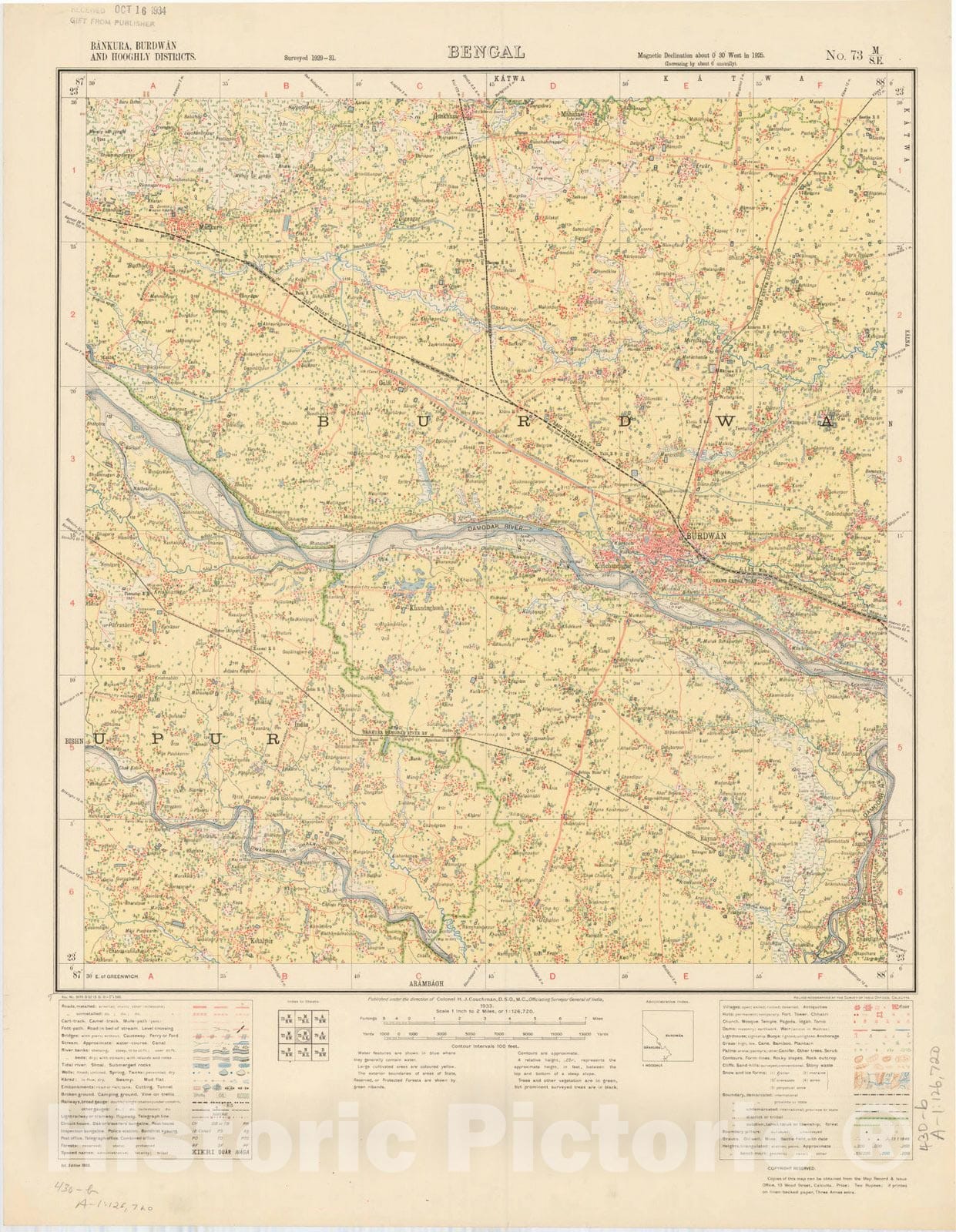 Map : Bankura, Burdwan and Hooghly Districts, Bengal, No. 73 M/S.E. 1933, India and adjacent countries, Antique Vintage Reproduction