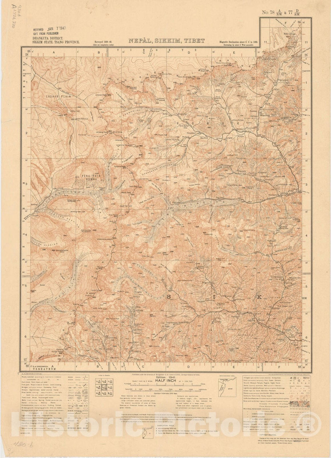 Historic Map : Dhankuta District, Sikkiim State, Tsang Province, Nepal, Sikkim, Tibet, No. 78 A/N.W. & 77 D/S.W. 1941, India and adjacent countries, Antique Vintage Reproduction