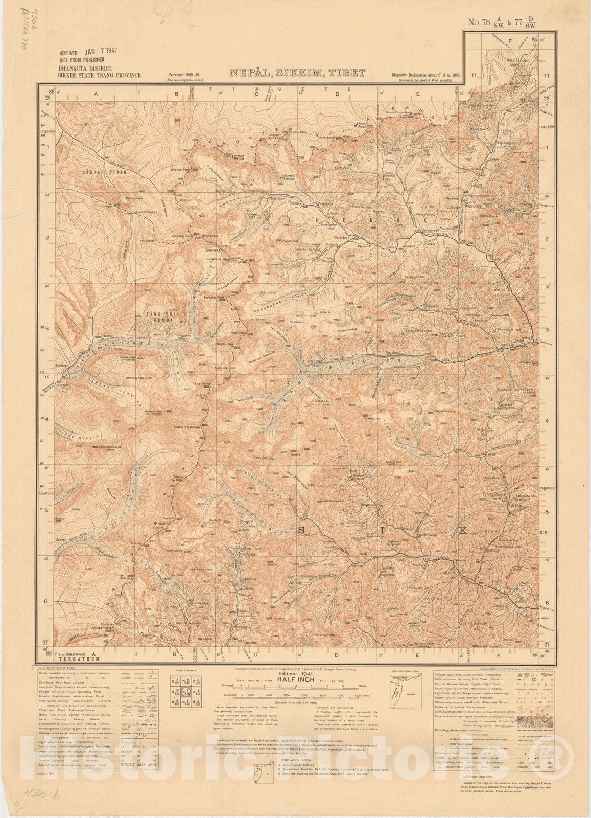 Historic Map : Dhankuta District, Sikkiim State, Tsang Province, Nepal, Sikkim, Tibet, No. 78 A/N.W. & 77 D/S.W. 1941, India and adjacent countries, Antique Vintage Reproduction