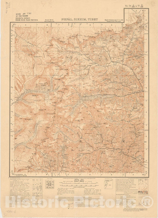 Historic Map : Dhankuta District, Sikkiim State, Tsang Province, Nepal, Sikkim, Tibet, No. 78 A/N.W. & 77 D/S.W. 1941, India and adjacent countries, Antique Vintage Reproduction