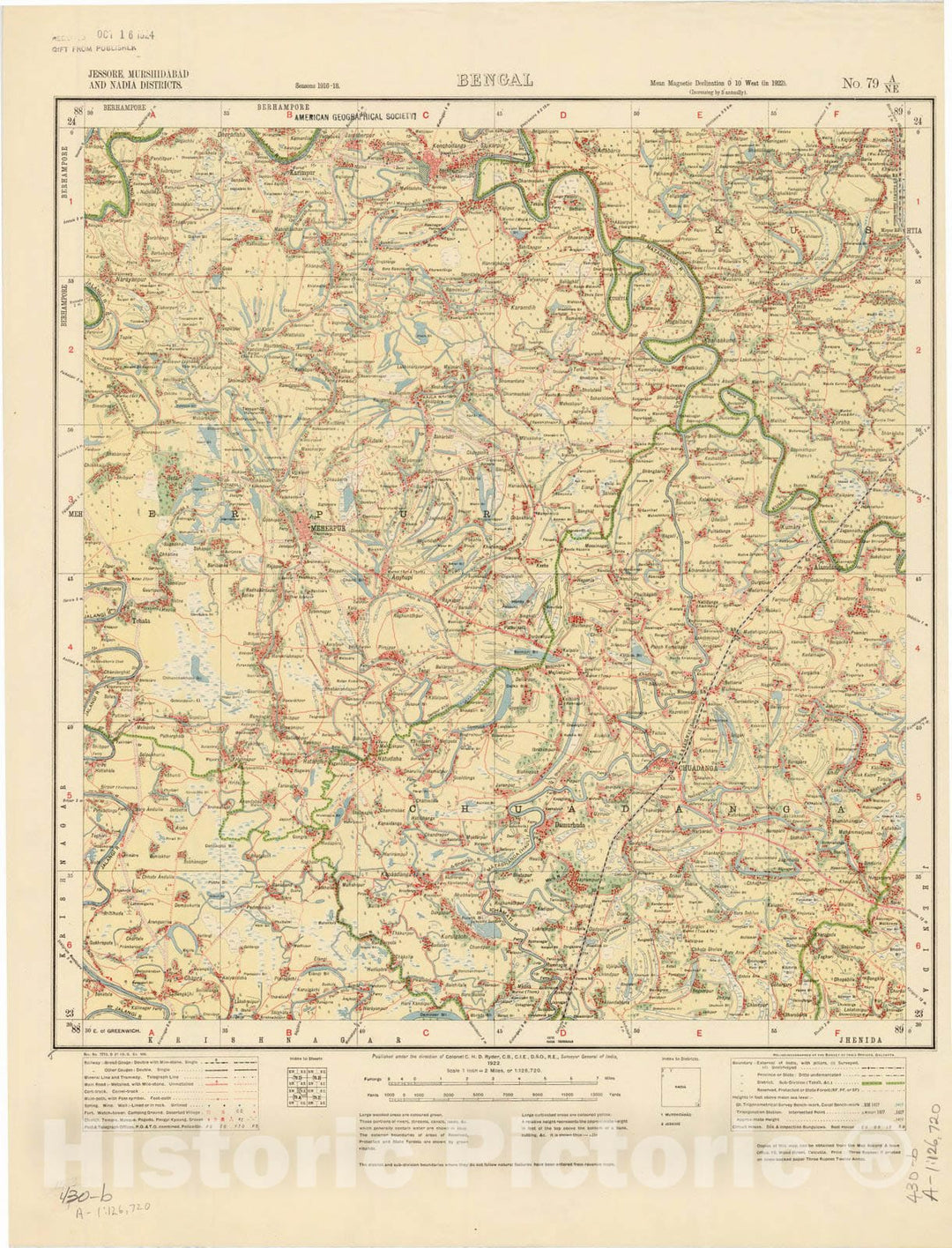 Map : Jessore, Murshidabad and Nadia Districts, Bengal, No. 79 A/N.E. 1922, India and adjacent countries, Antique Vintage Reproduction