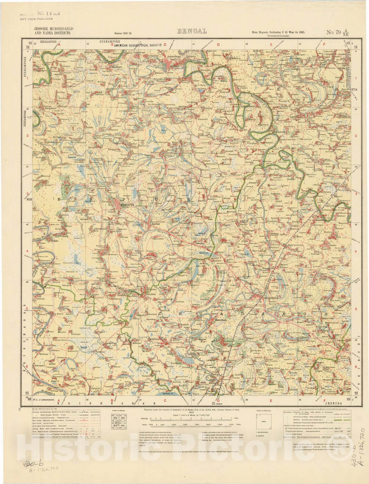 Map : Jessore, Murshidabad and Nadia Districts, Bengal, No. 79 A/N.E. 1922, India and adjacent countries, Antique Vintage Reproduction