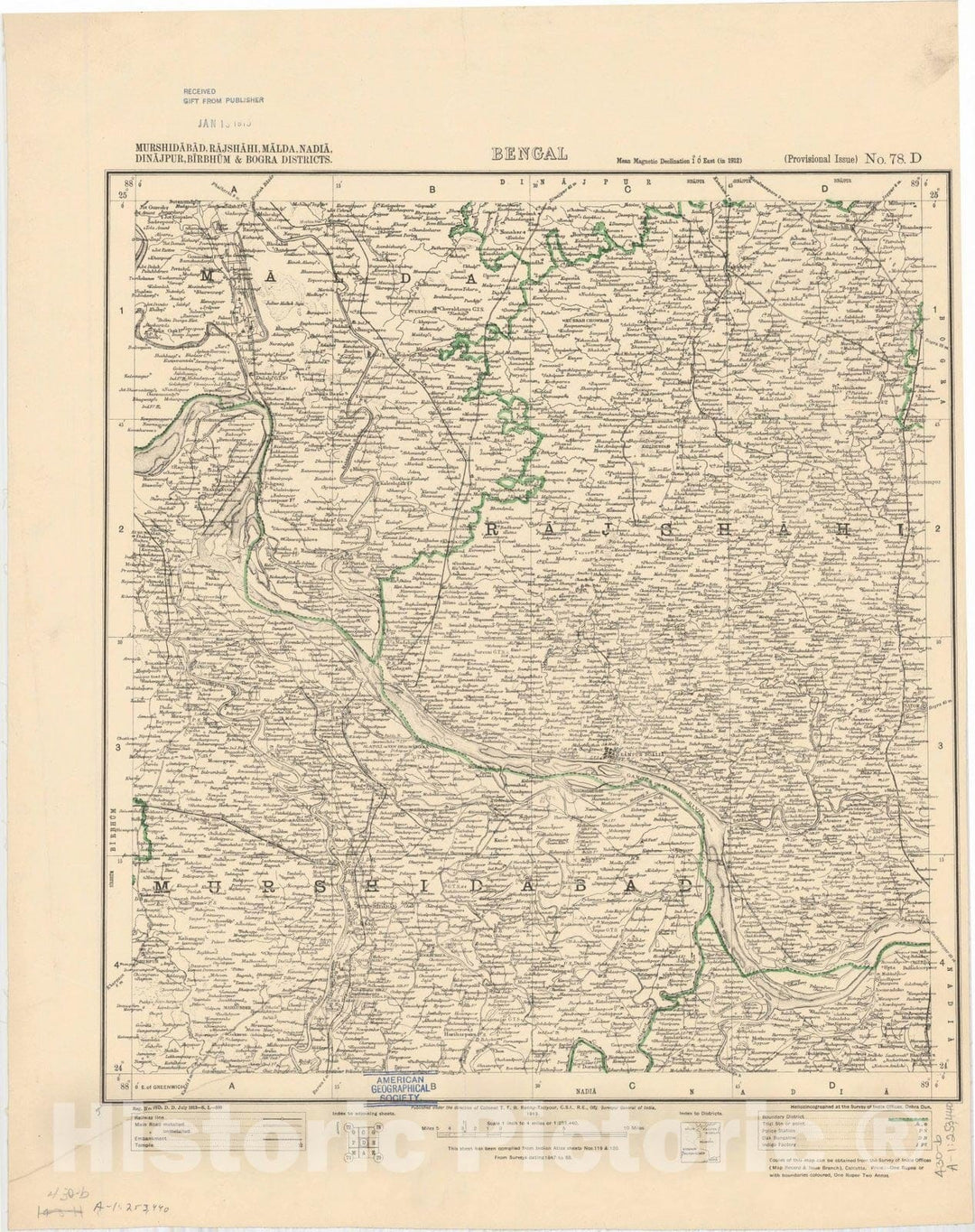 Map : Murshidabad, Rajshihi, Malda, Nadia, Dinajpur, Birbhum & Bogra Districts, Bengal, No. 78 D 1913, India 1:253,440, Antique Vintage Reproduction