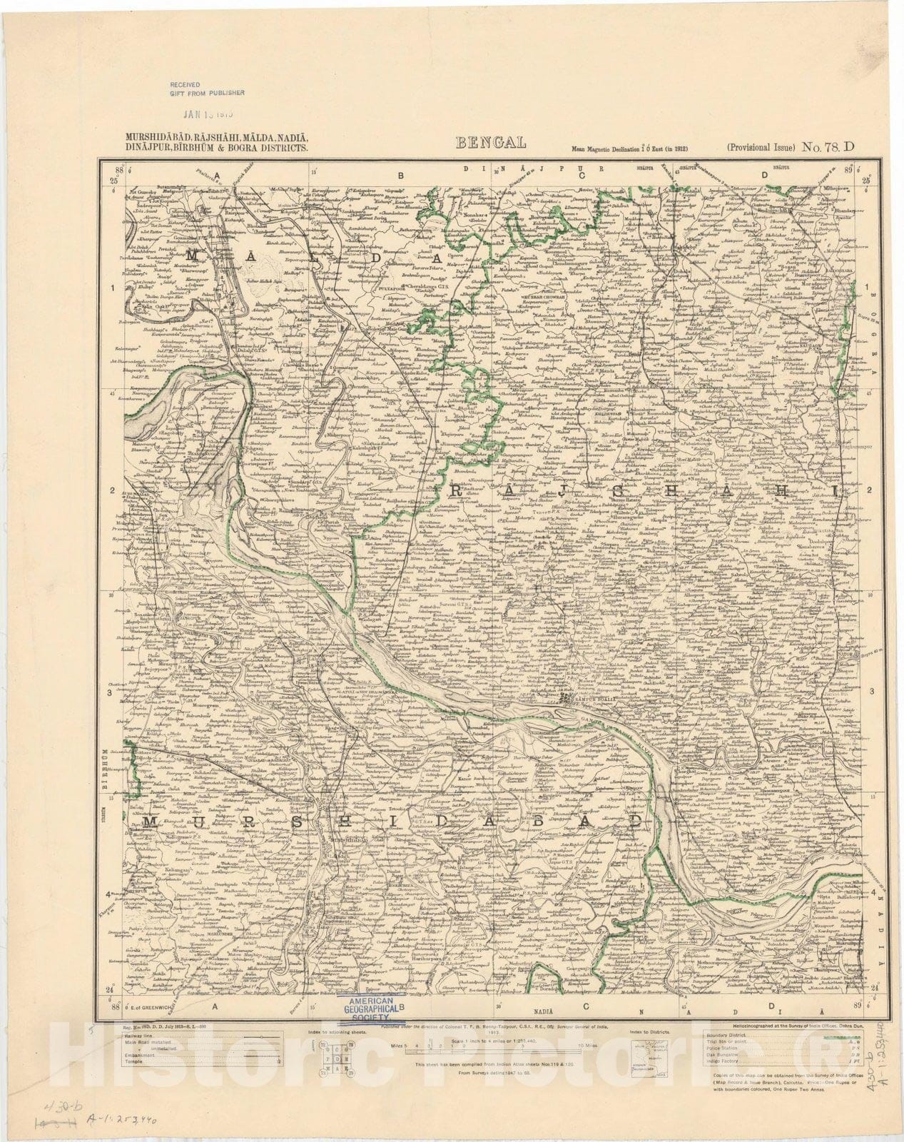 Map : Murshidabad, Rajshihi, Malda, Nadia, Dinajpur, Birbhum & Bogra Districts, Bengal, No. 78 D 1913, India 1:253,440, Antique Vintage Reproduction