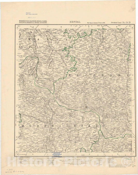 Map : Murshidabad, Rajshihi, Malda, Nadia, Dinajpur, Birbhum & Bogra Districts, Bengal, No. 78 D 1913, India 1:253,440, Antique Vintage Reproduction