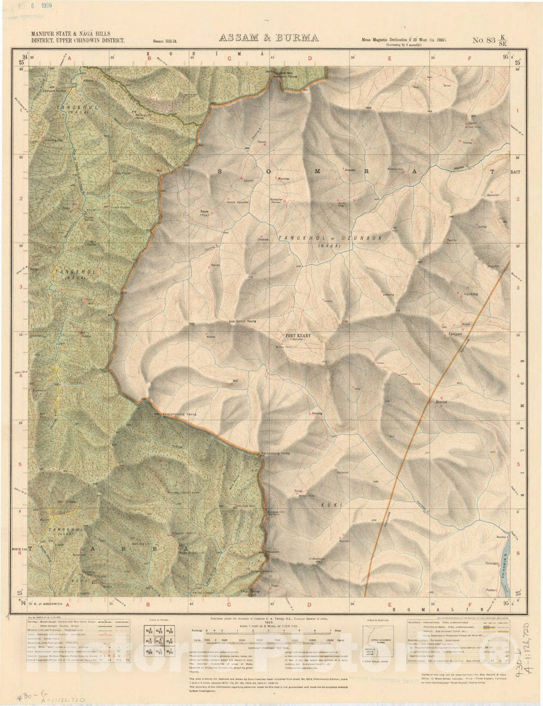 Map : Manipur State & Naga Hills District, Upper Chindwin District, Assam & Burma, No. 83 K/S.E. 1925, India and adjacent countries, Antique Vintage Reproduction