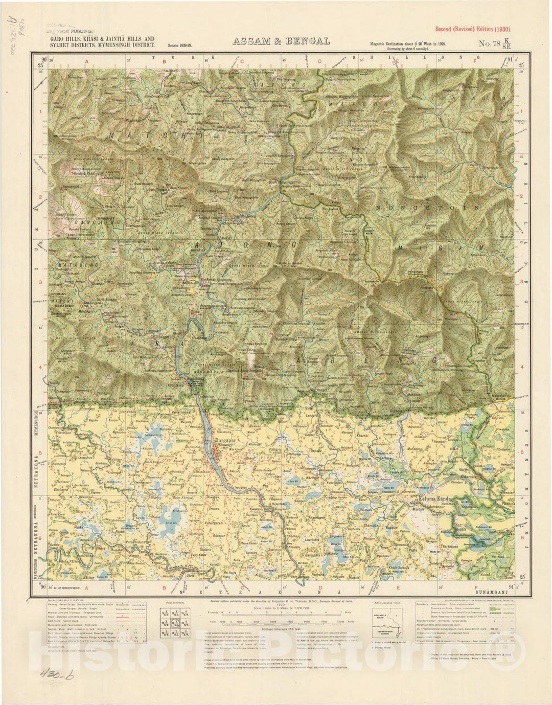 Map : Garo Hills, Khasi & Jaintia Hills and Sylhet Districts, Mymensingh District, Assam & Bengal, No. 78 K/S.E. 1930, India and adjacent countries