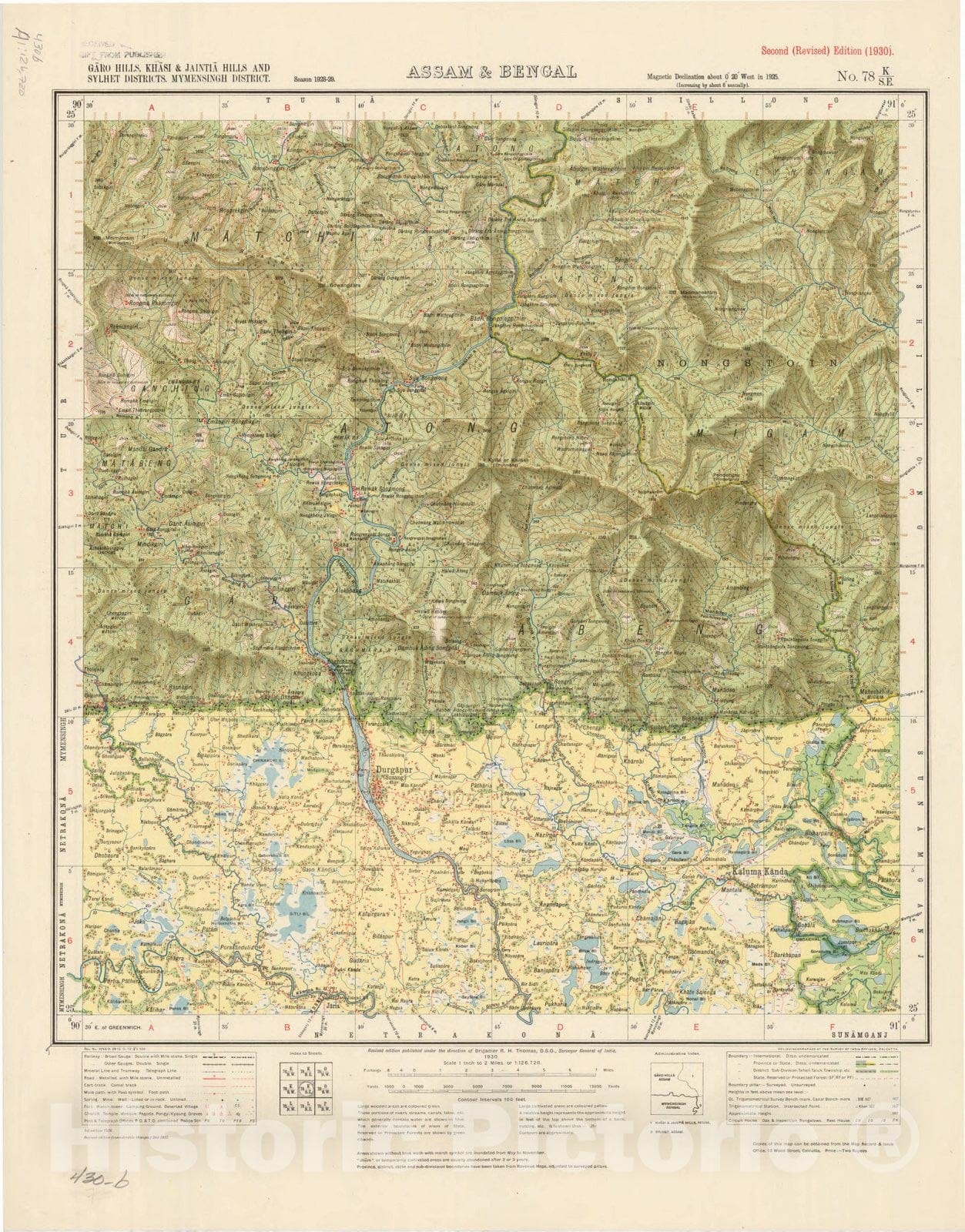 Map : Garo Hills, Khasi & Jaintia Hills and Sylhet Districts, Mymensingh District, Assam & Bengal, No. 78 K/S.E. 1930, India and adjacent countries