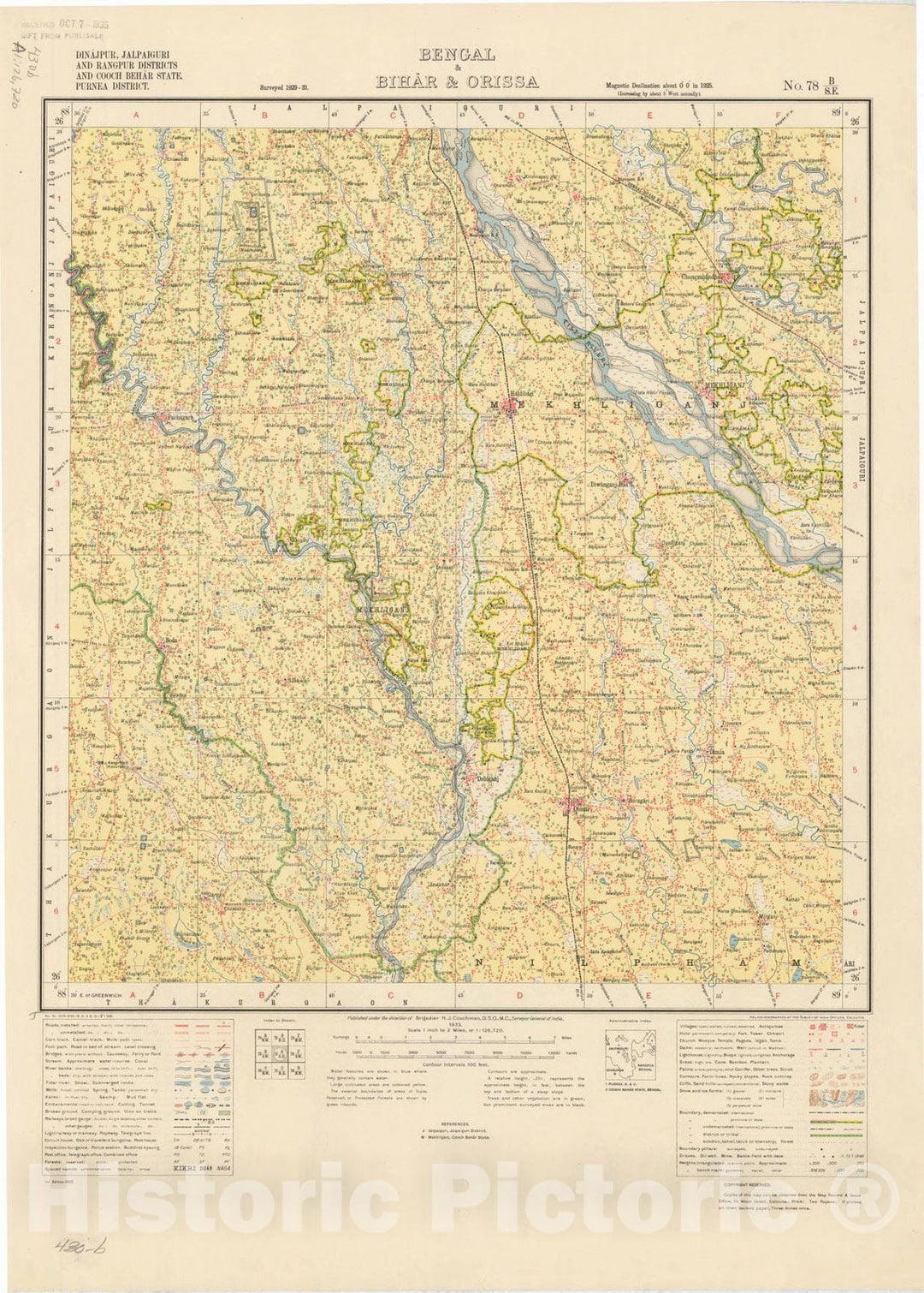 Map : Dinajpur, Jalpaiguri and Rangpur Districts and Cooch Behar State, Purnea District, Bengal & Bihar & Orissa, No. 78 B/W.E. 1933, India and adjacent countries
