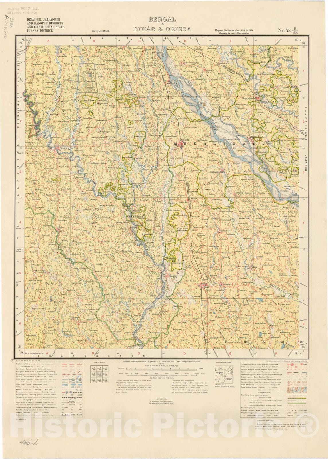 Map : Dinajpur, Jalpaiguri and Rangpur Districts and Cooch Behar State, Purnea District, Bengal & Bihar & Orissa, No. 78 B/W.E. 1933, India and adjacent countries