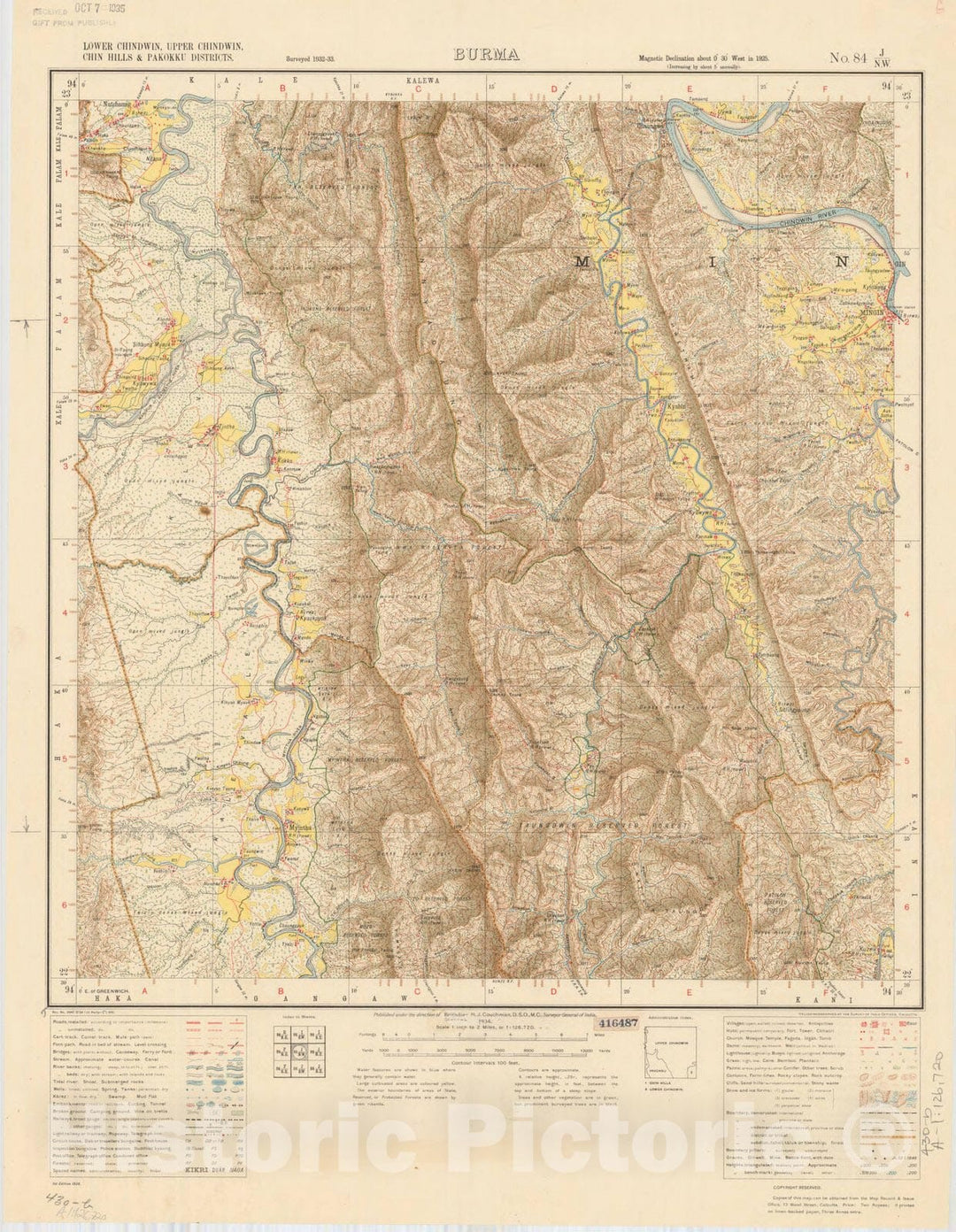 Map : Lower Chindwin, Upper Chindwin, Chin Hills & Pakokku Districts, Burma No. 84 J/N.W. 1936, India and adjacent countries, Antique Vintage Reproduction