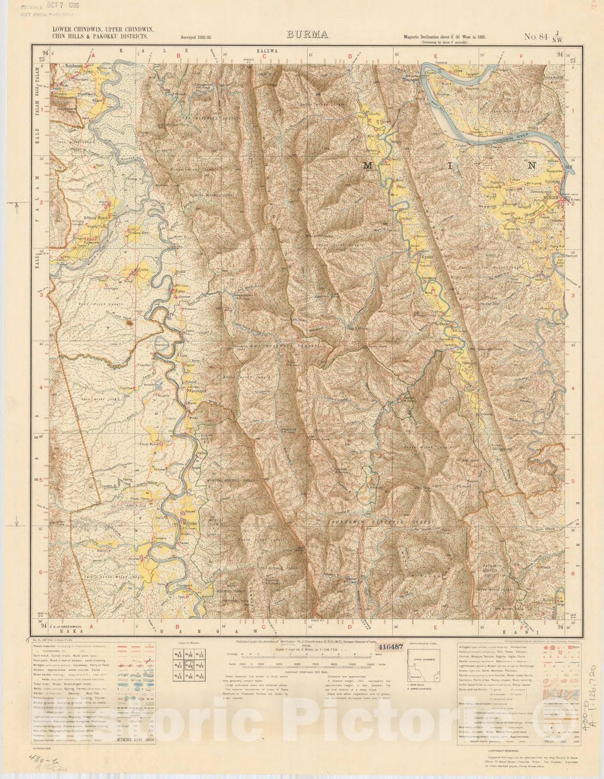 Map : Lower Chindwin, Upper Chindwin, Chin Hills & Pakokku Districts, Burma No. 84 J/N.W. 1936, India and adjacent countries, Antique Vintage Reproduction