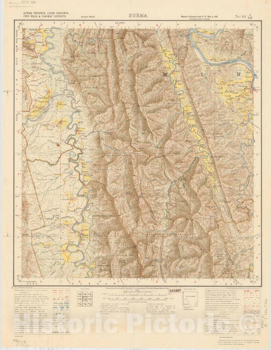 Map : Lower Chindwin, Upper Chindwin, Chin Hills & Pakokku Districts, Burma No. 84 J/N.W. 1936, India and adjacent countries, Antique Vintage Reproduction