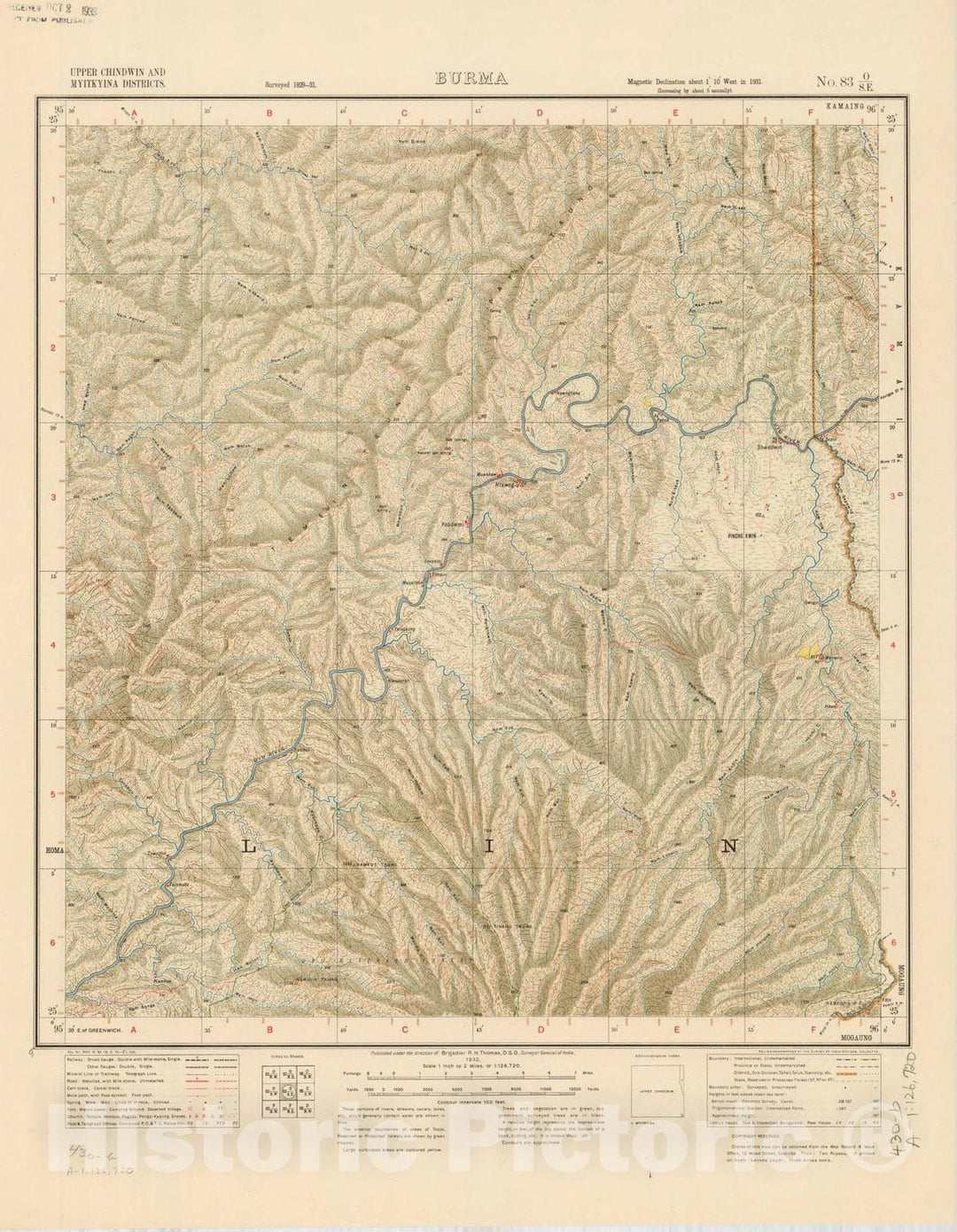 Map : Upper Chindwin and Myitkyina Districts, Burma, No. 83 O/S.E. 1932, India and adjacent countries, Antique Vintage Reproduction