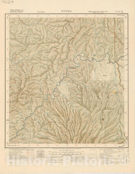 Map : Upper Chindwin and Myitkyina Districts, Burma, No. 83 O/S.E. 1932, India and adjacent countries, Antique Vintage Reproduction