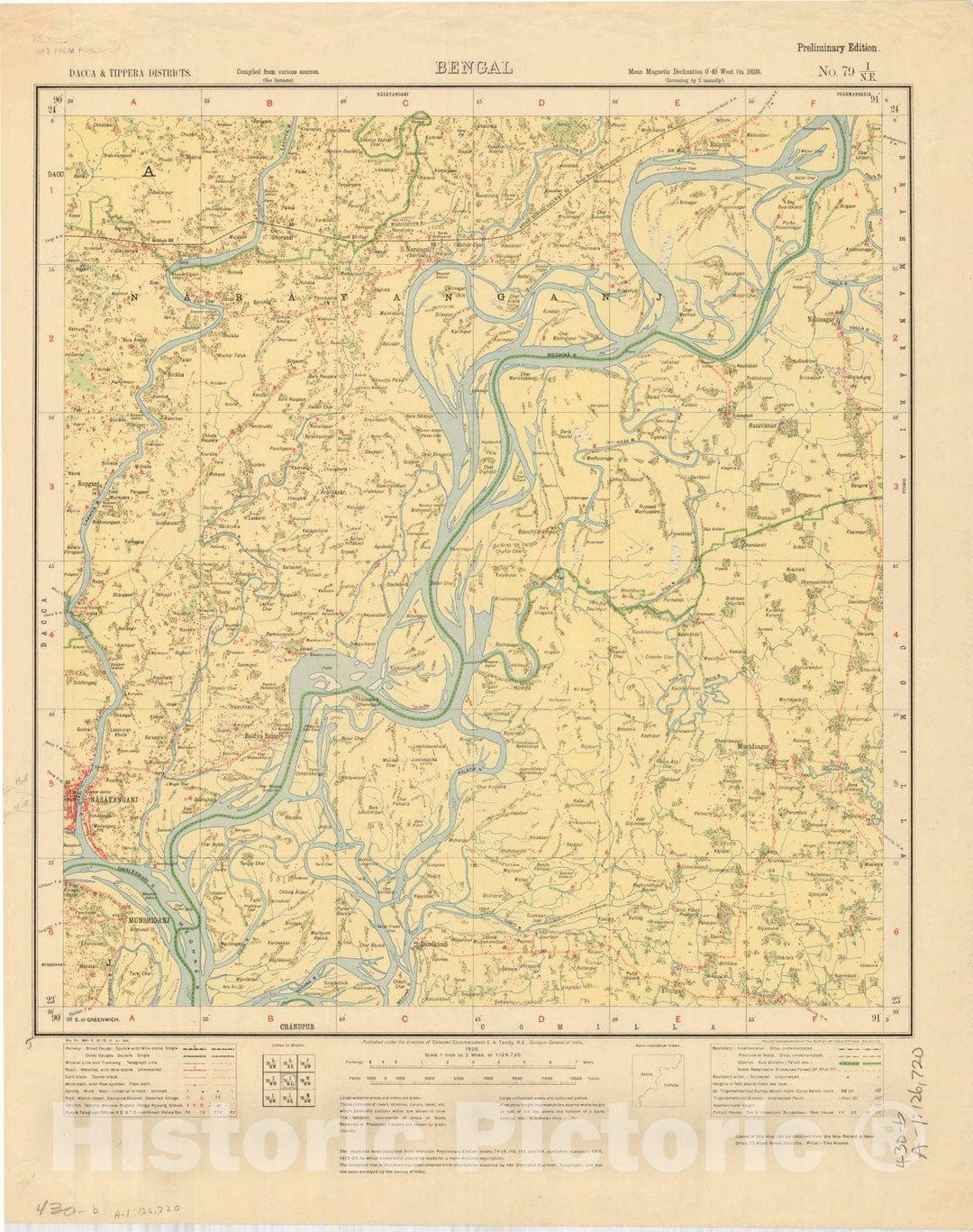Map : Dacca & Tippera Districts, Bengal, No. 79 I/N.E. 1928, India and adjacent countries, Antique Vintage Reproduction