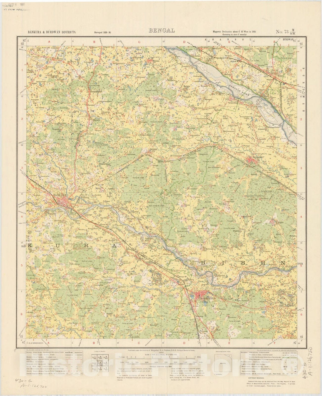 Map : Bankura & Burdwan District, Bengal, No. 73 M/S.W. 1932, India and adjacent countries, Antique Vintage Reproduction