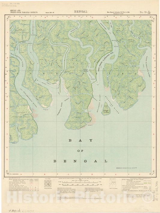 Map : Khulna and Twenty-Four Parganas Districts, Bengal, No. 79 G/N.W. 1924, India and adjacent countries, Antique Vintage Reproduction