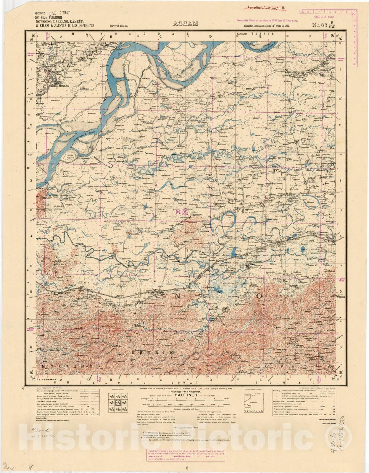 Map : Nowgong, Darrang, Kamrup & Khasi & Jaintia Hills Districts, Assam, No. 83 B/S.W. 1943, India and adjacent countries, Antique Vintage Reproduction