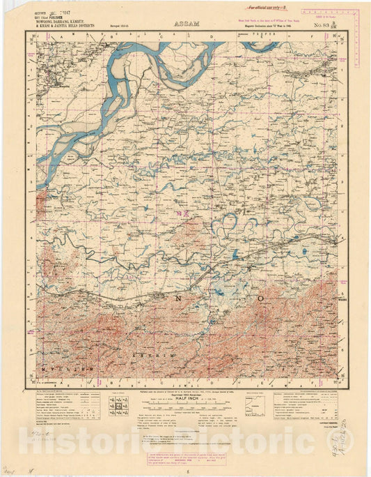 Map : Nowgong, Darrang, Kamrup & Khasi & Jaintia Hills Districts, Assam, No. 83 B/S.W. 1943, India and adjacent countries, Antique Vintage Reproduction