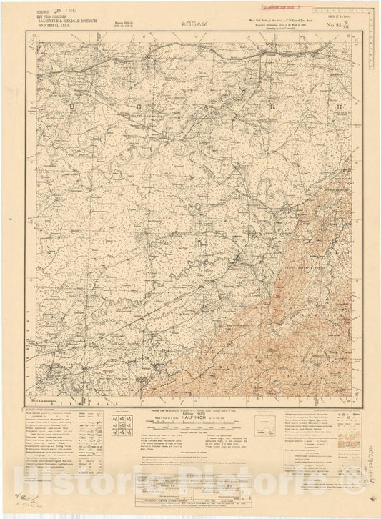 Map : Lakhimpur & Sibsagar Districts and Tribal area, Assam, No. 83 M/S.W. 1929 1943, India and adjacent countries, Antique Vintage Reproduction