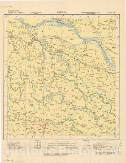 Map : Faridpur, Jessore, Nadia & Pabna Districts, Bengal, No. 79 E/N.W. 1927, India and adjacent countries, Antique Vintage Reproduction