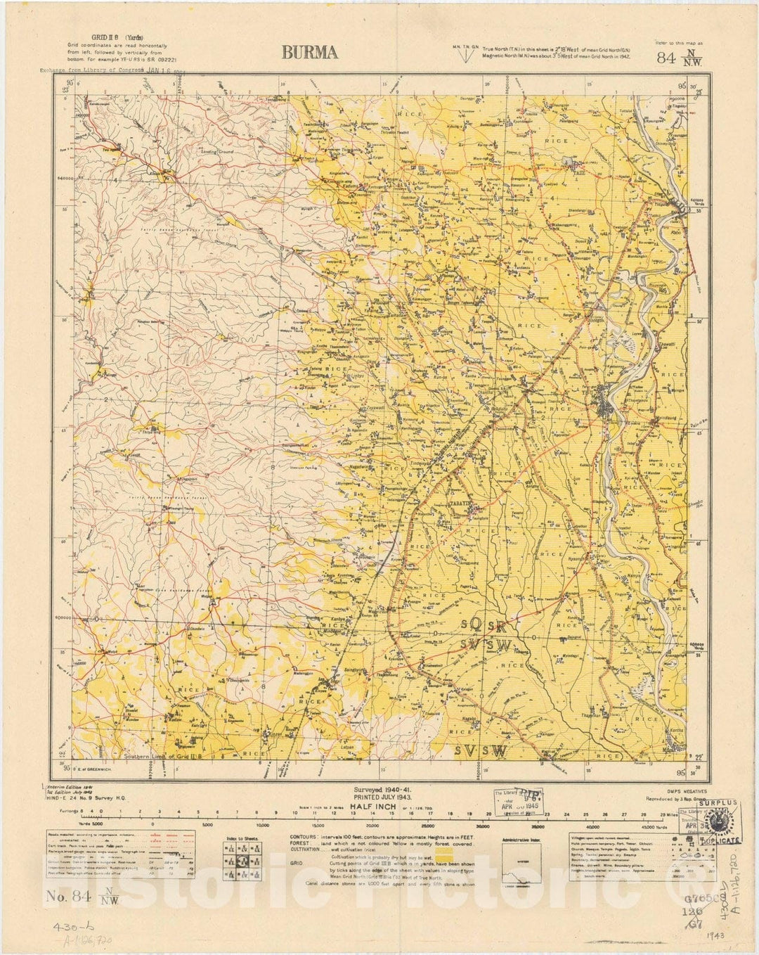 Map : Burma, No. 84 N/N.W. 1943, India and adjacent countries, Antique Vintage Reproduction