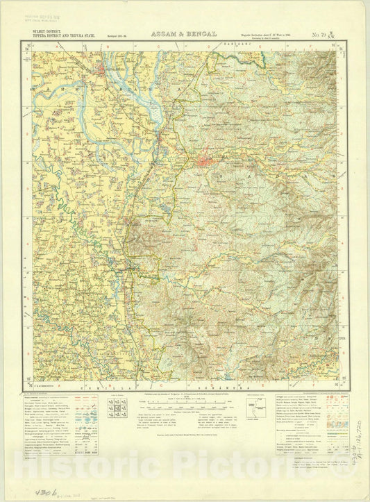 Map : Sylhet District, Tippera District and Tripura State, Assam & Bengal, No. 79 M/N.W. 1936, India and adjacent countries, Antique Vintage Reproduction