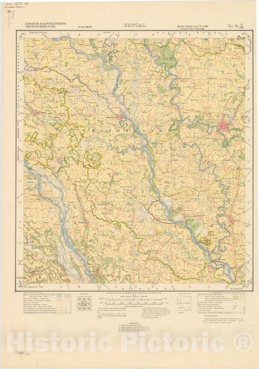 Map : Jalpaiguri & Rangpur Districts and Cooch Behar State, Bengal, No. 78 F/S.W. 1926, India and adjacent countries, Antique Vintage Reproduction