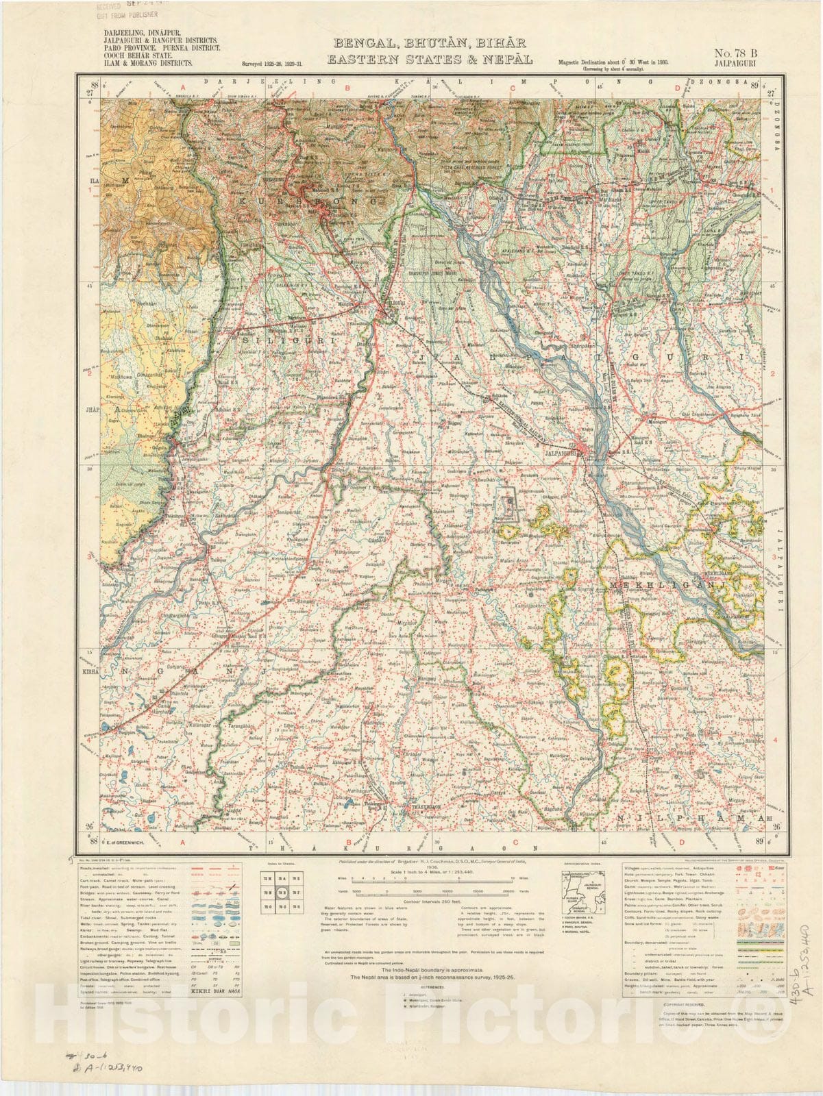 Map : Darjeeling, Dinajpur, Jalpaiguri & Rangpur Districts, Paro Province, Ilam & Morang District, Bengal, Bhutan, Bihar, Eastern States & Nepal, No. 78 B 1936,