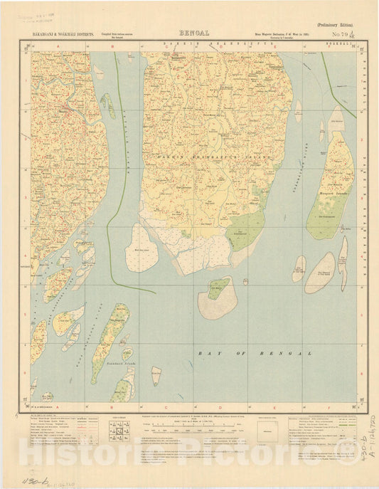 Map : Bakarganj & Noakhali Districts, Bengal, No. 79 J/S.E. 1926, India and adjacent countries, Antique Vintage Reproduction