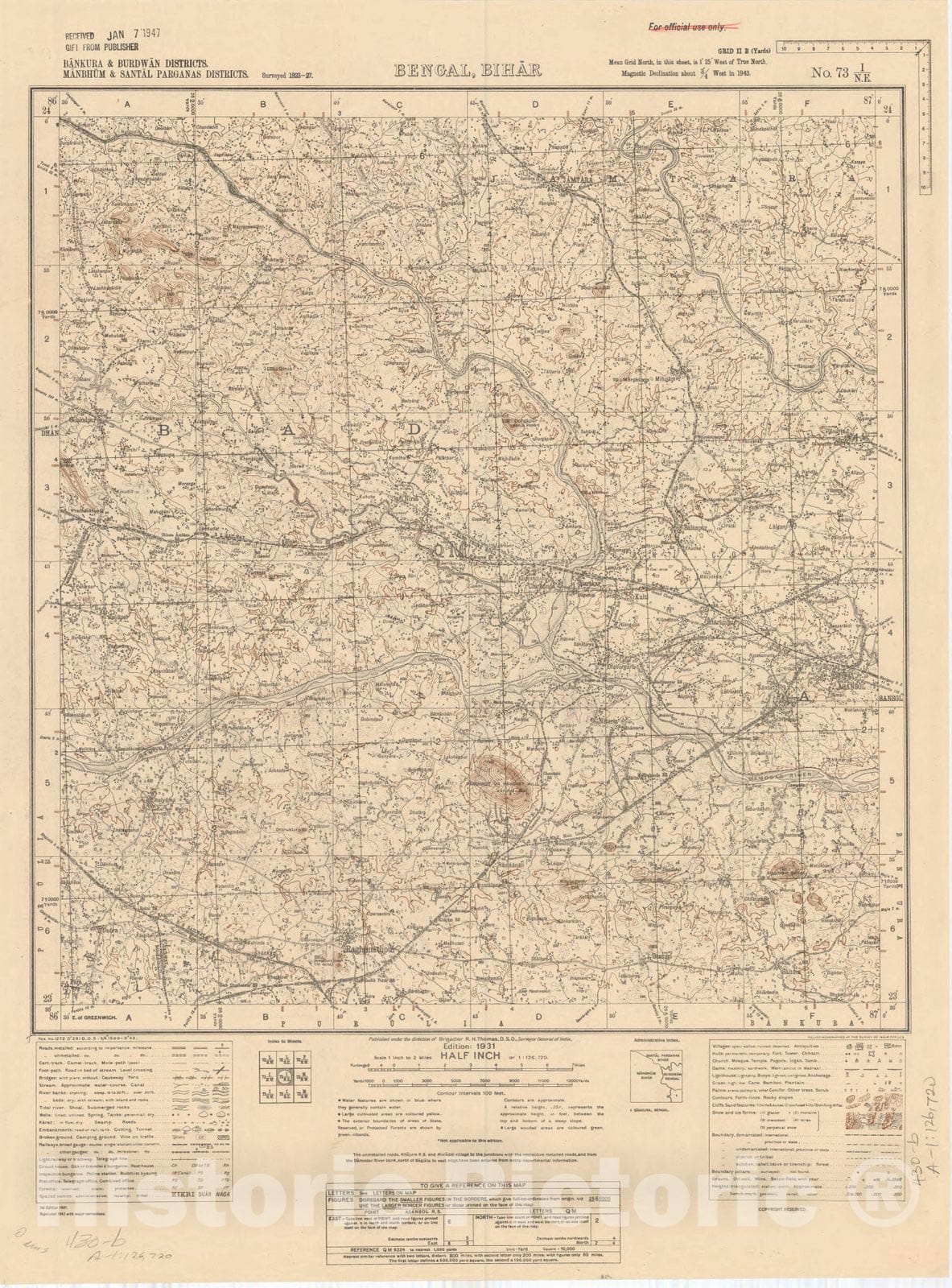 Map : Bankura & Burdwan Districts, Manbhum & Santal Parganas Districts, Bengal, Bihar No. 73 I/N.E. 1931, India and adjacent countries, Antique Vintage Reproduction