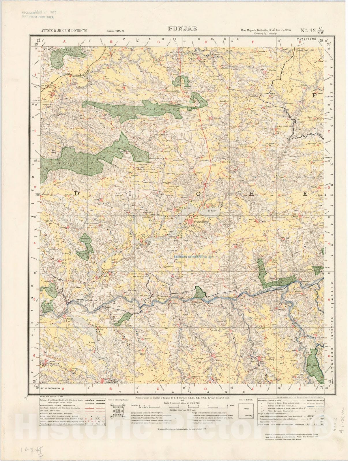 Map : Attock & Jhelum Districts, Punjab, No. 43 C/S.W. 1916, India and adjacent countries, Antique Vintage Reproduction