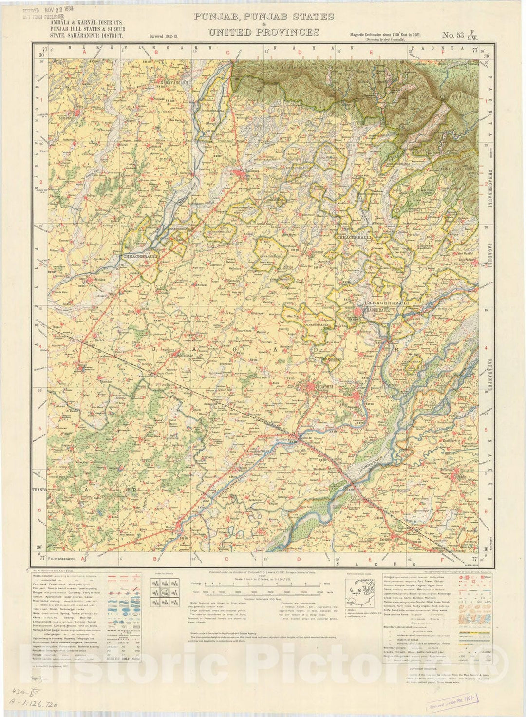 Map : Ambala & Karnal Districts, PUnjab Hill States & Sirmur State, Saharanpur District, Punjab, Punjab States & United Provinces, No. 53 F/S.W. 1937,