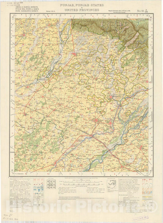 Map : Ambala & Karnal Districts, PUnjab Hill States & Sirmur State, Saharanpur District, Punjab, Punjab States & United Provinces, No. 53 F/S.W. 1937,