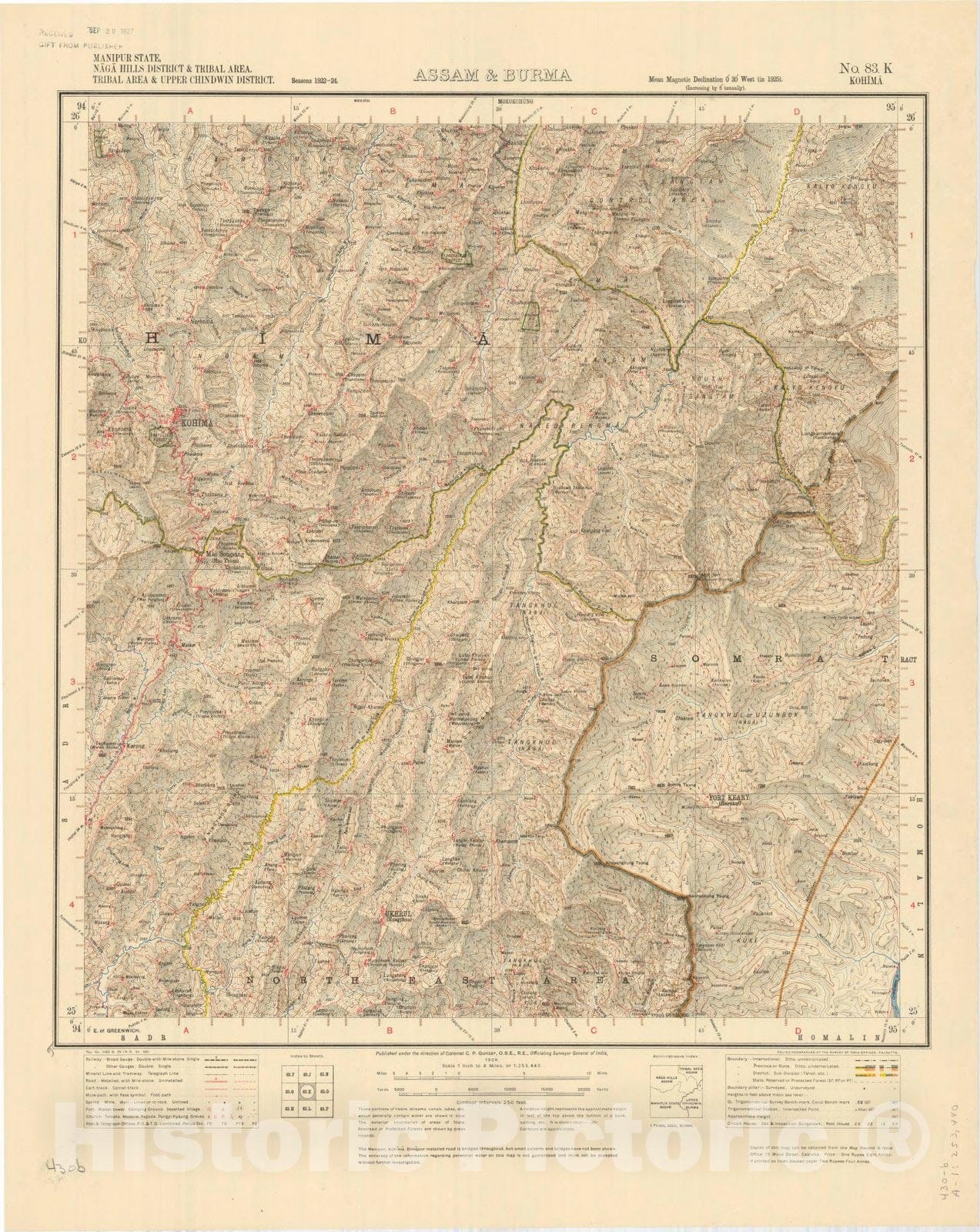 Map : Manipur State, Naga Hills District & Tribal area, Tribal area & Upper Chindwin District, Assam & Burma, No. 83 K Kohima 1926, India 1:253,440