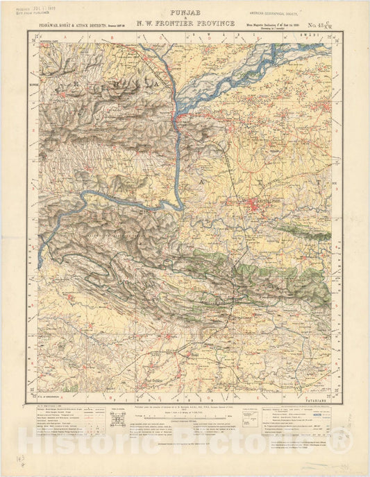 Map : Peshawar, Kohat & Attock Districts, Punjab & N.W. Frontier Province, No. 43 C/N.W. 1917, India and adjacent countries, Antique Vintage Reproduction